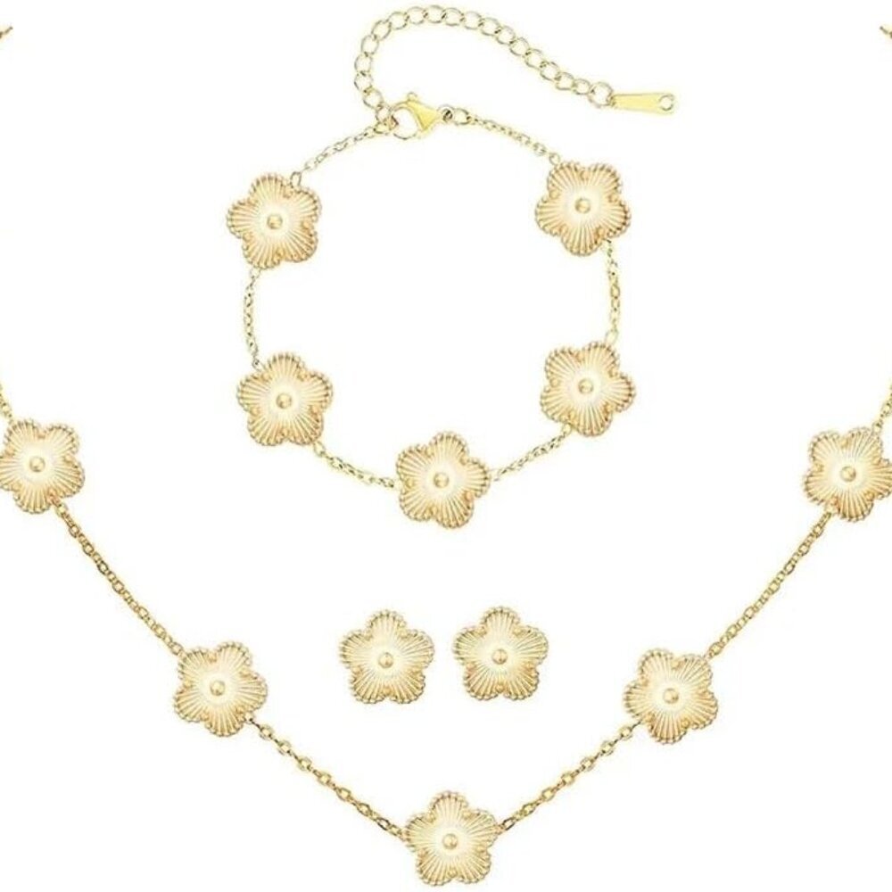 Lucky Clover Necklace Jewelry Set Gold Plated 4 Leaf Flower Design Women